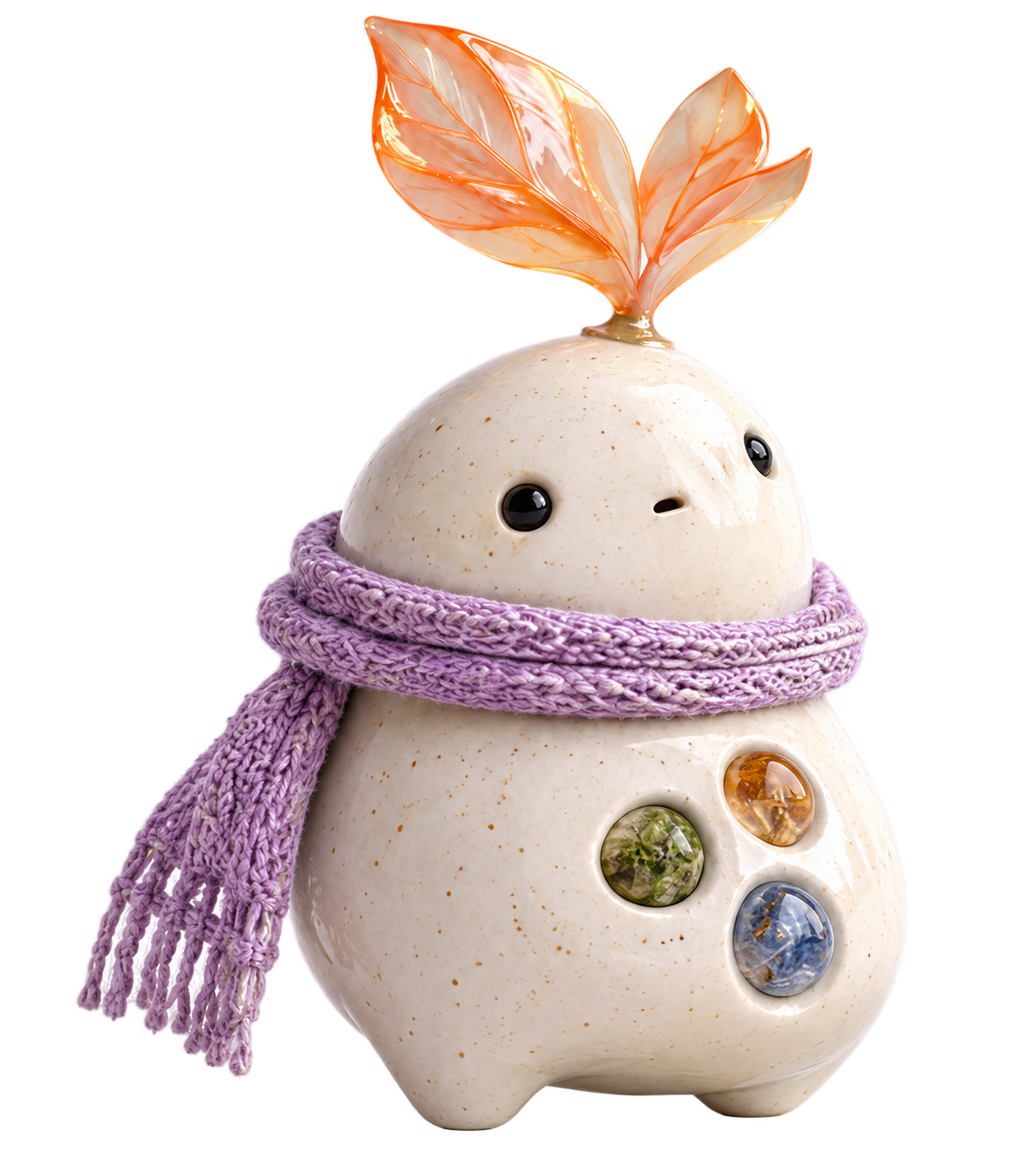 Original ceramic Pock with translucent leaf sprouts, lavender knitted scarf and three inset stones
